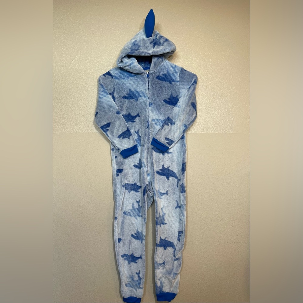 Sainteve Blue Shark Print Kids Fuzzy Warm One Piece XS 5/6
